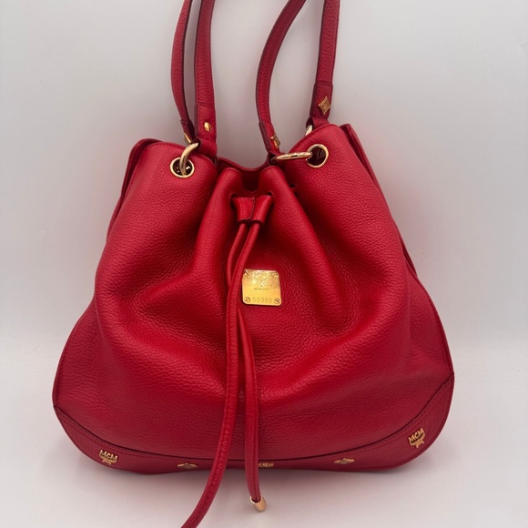 MCM Leather Charms Bucket Bag Red
